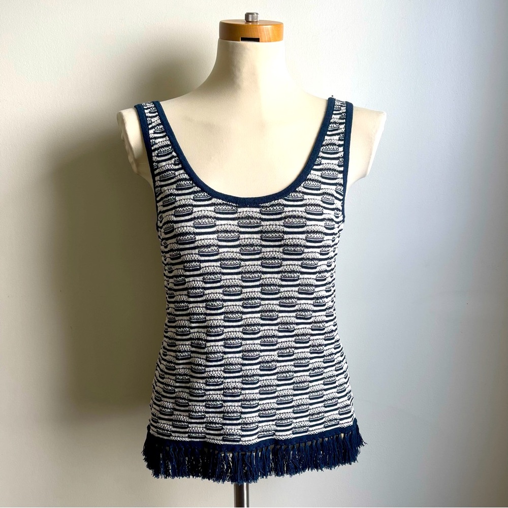 Minnie Rose Knit Linen Blend Navy White Tank Top w Fringe Size XS